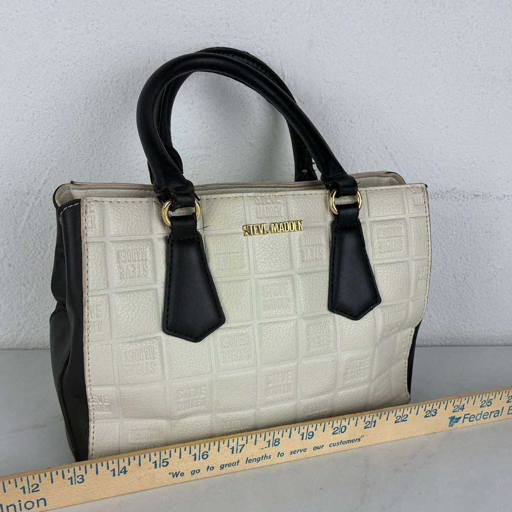 Steve Madden Cream Black Embossed Logo Satchel Bag Double Handles - Picture 3 of 12